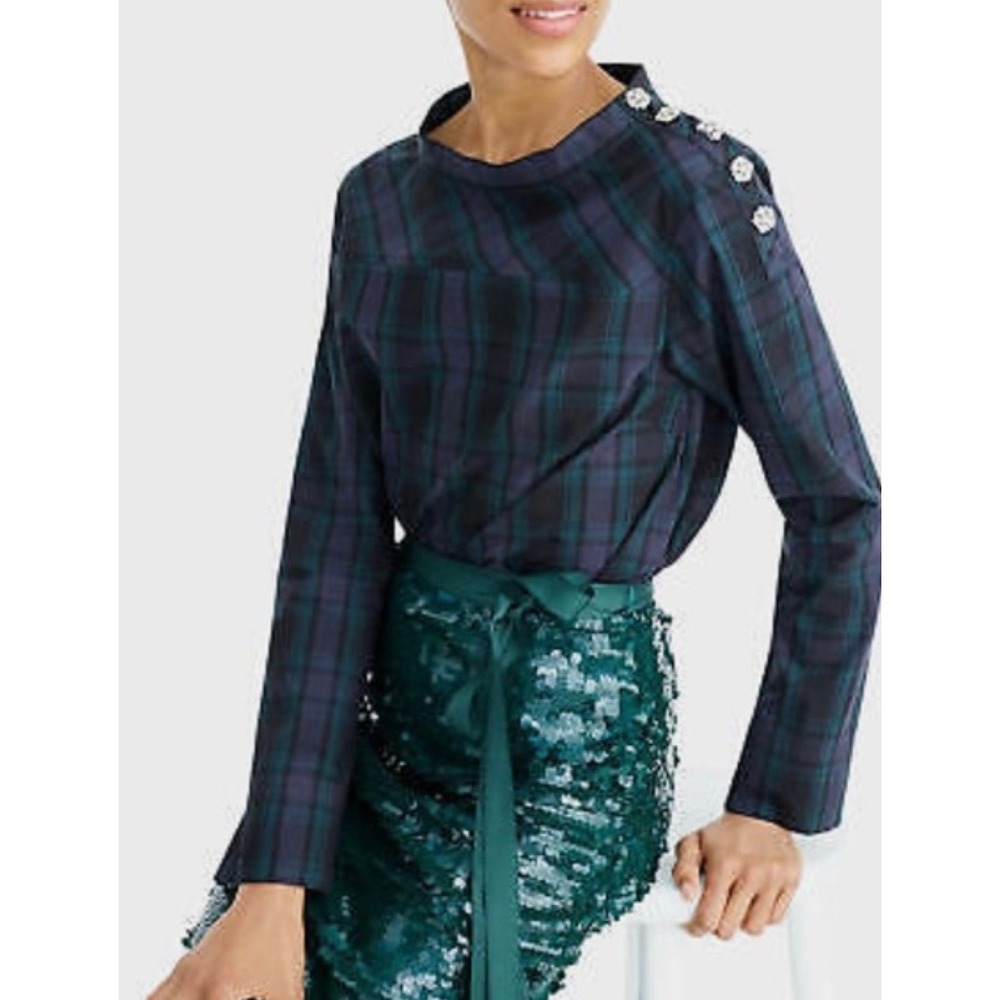 J.Crew Black Watch Plaid‎ Rhinestone Button Shoulder Top Navy Green Cotton Sz 4
